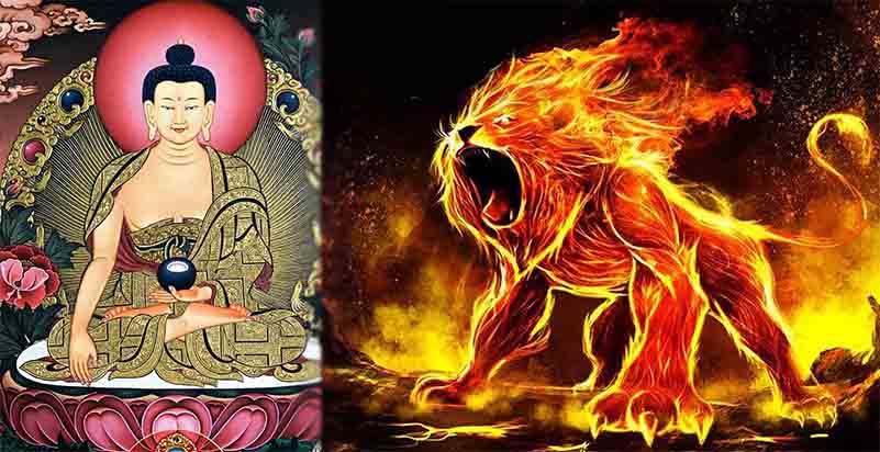 Buddha verlicht - Leeuw brandend als tegenhanger 